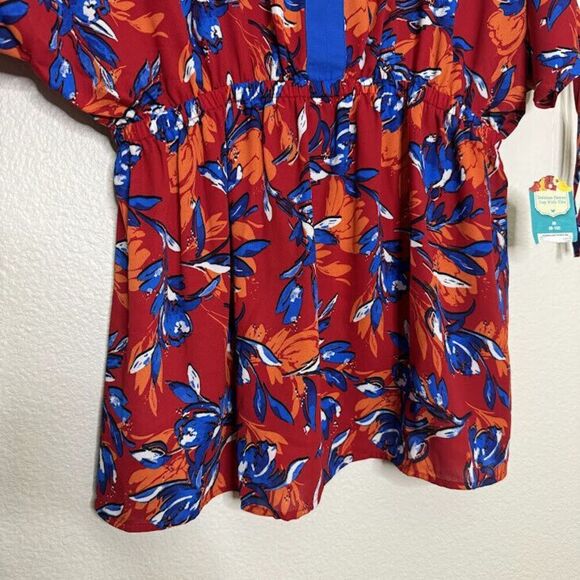 Pioneer Woman Top Medium Cinched Red Blue Floral Dolman Sleeves V-Neck Peplum - Picture 4 of 8